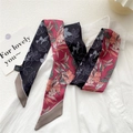 Floral oil painting silk skinny scarf in dark red and black styled on white shirt - Two-Tone Flower Black Leaf (18DRYRY)