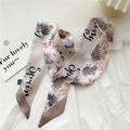 Floral silk skinny scarf in pink and grey with Spring text tied on a white shirt - Virtual Real Flower Leaf (36DRY)