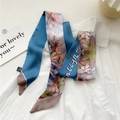 Elegant navy blue oil painting floral silk twilly scarf styled on a white shirt - White Lotus (30DRY)