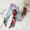 Floral oil painting silk skinny scarf in light blue on a crisp white shirt - Ocean of Flowers (11DRY)