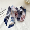 Deep blue gradient narrow silk scarf with crane and lotus prints tied on a white shirt - Flower Crane Tower (25DRY)
