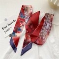 Dark red 100% silk twilly scarf with Chinese oil painting landscape and floral patterns - Pagoda Mountain Purple Border (32DRY)