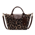 Retro leopard print faux fur handbag with brown leather straps and adjustable shoulder strap - Coffee