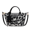 Women's faux fur leopard print handbag with black leather straps and gold metal hardware - Gray