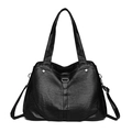 Fashion black leather tote bag with three compartments and long shoulder straps - Black