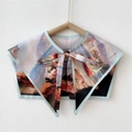 Artistic oil painting style decorative silk scarf collar with light blue bow tie - Shore Sailing Oil Painting (31F)