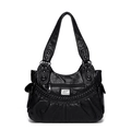 Classic black soft leather shoulder bag with woven details and metal emblem on white background - Black