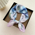 Floral square silk scarf in blue and lilac ink pattern presented in a gift box - 7 Blue Flower Purple Border