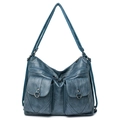 Vintage cyan blue soft leather shoulder bag with multi-pocket design and large capacity - Blue