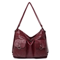 Retro burgundy faux leather tote bag with silver ring hardware and dual front pockets - Red