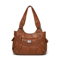 Caramel brown washed leather shoulder bag with woven details and side flap pockets - Caramel color