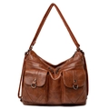 Vintage brown faux leather crossbody tote bag with multi-zipper pockets and adjustable strap - Brown