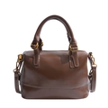 Brown leather Boston handbag with white contrast stitching and gold-tone hardware - Brown