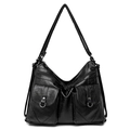 Retro black faux leather shoulder bag with multiple pockets and silver zippers - Black