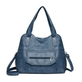 Dark blue PU leather tote bag with vintage crinkled texture and adjustable strap - Blue