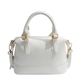 Chic white Boston leather handbag with gold hardware and detachable shoulder strap - White