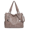 Classic taupe PU leather tote bag with vertical stitching and silver hardware - Camel