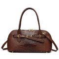 Retro brown crocodile pattern shoulder bag with golden hardware and double handles - Brown