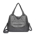 Dark grey PU leather tote bag with lychee texture and adjustable shoulder strap - Gray