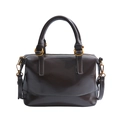 Deep brown glossy leather Boston bag with vintage texture and gold hardware details - Brown