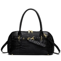 Minimalist black crocodile embossed handbag with luxury gold hardware and long shoulder strap - Black