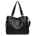 Women's minimalist black PU leather tote bag with silver hardware and shoulder strap - Black