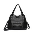 Minimalist black PU leather tote bag with lychee texture and adjustable strap - Black