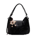 Sac hobo noir pour femme avec rabat en cuir et charmant porte-clés mouton en peluche - Noir Avec Pendentif