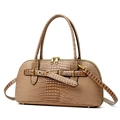 Brown crocodile embossed faux leather handbag with gold hardware and shoulder strap - Khaki