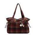 Bolso tote de lana con cuadros vintage, colgante de béisbol y cierre de cordón - Con Colgante / Cuadros Rojos