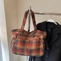Retro vintage plaid wool tote bag with large capacity and drawstring side in multicolor - No Pendant / Red Check
