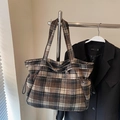 Classic British style wool plaid tote bag in brown and tan with side drawstring details - No Pendant / Khaki Plaid