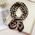Elegant black and beige checkerboard silk square scarf tied in a decorative bow style - 70cm / Khaki Checkerboard