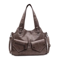 Borsa tote retrò color talpa in ecopelle con ampie tasche frontali e tracolla regolabile - Cammello