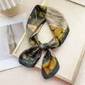 Elegant emerald green and yellow floral print silk scarf tied in a stylish bow knot - 70cm / Pelican Color-Block