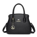 Black litchi grain leather handbag with gold kangaroo logo and woven edge detailing - Black