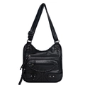 Black vintage washed PU leather crossbody bag with fringe details and rivets - Black