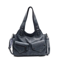 Retro blau-graue Tragetasche aus weichem Leder mit Fronttaschen und Schultergurt - See Blau