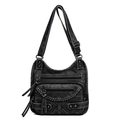 Vintage black washed leather crossbody bag with punk rivets and zipper pockets - Dark Gray