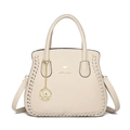 Elegant beige satchel with lychee texture, golden kangaroo logo, and woven side details - Off White
