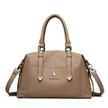 Sac cabas en cuir grainé beige foncé avec double poignée et logo métallique - Khaki Foncé