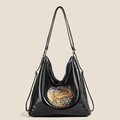 Elegante zaino in pelle nera con goffratura di elefante colorato e minuterie in ottone vintage - Nero