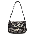 Minimalistische Schultertasche mit Leopardenmuster, Lederbesatz und runder Metallschnalle - Schwarz