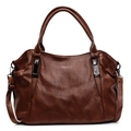 Dark brown faux leather tote bag with dual handles and adjustable shoulder strap - Brown