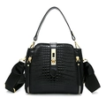 Elegant black faux crocodile pattern handbag with gold hardware and wide shoulder strap - Black