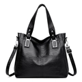 Black PU leather tote bag with glossy finish and adjustable strap for women - Black