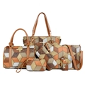 6-piece tote bag set with geometric pattern in brown, khaki, silver and green colors - Brown