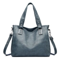 Deep grey blue vintage faux leather tote bag with crossbody strap and silver metal hardware - Blue