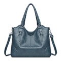 Greyish blue litchi pattern leather tote bag with dual straps and decorative buckles - 9001 Blue