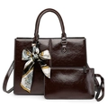 Ensemble sac cabas en cuir ciré marron avec bandoulière et foulard décoratif - café